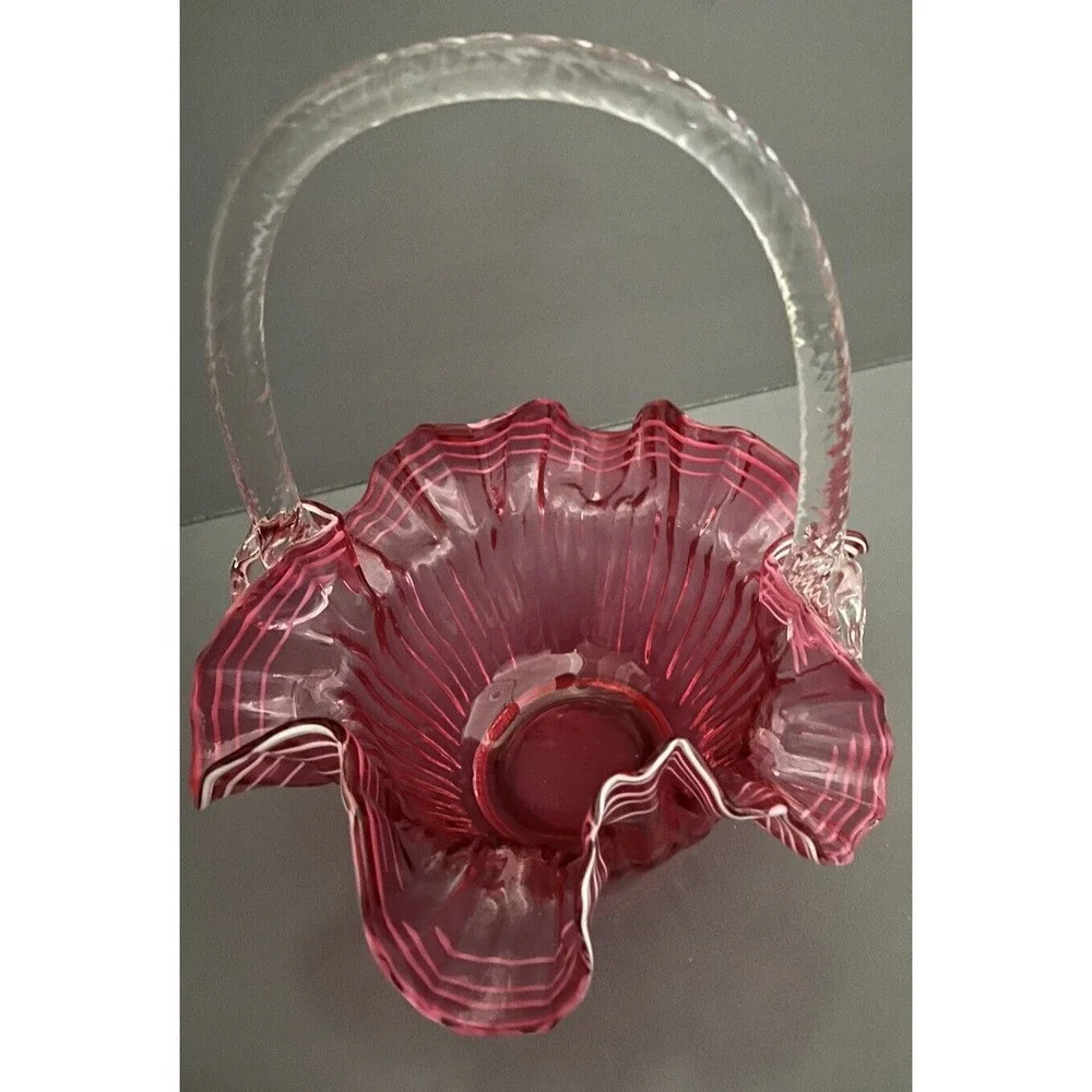 Fenton Cranberry Large Glass Basket White Ribbon Trim Ruffled Edge‎ Grandmacore